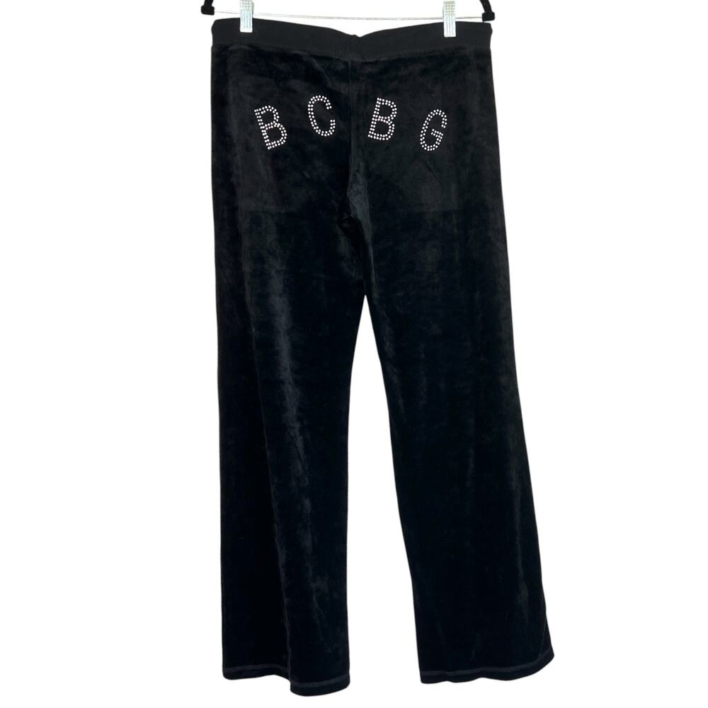 Y2K BCBGmaxazria Velour Rhinestone Logo Straight Leg Pants Black Size‎ Large